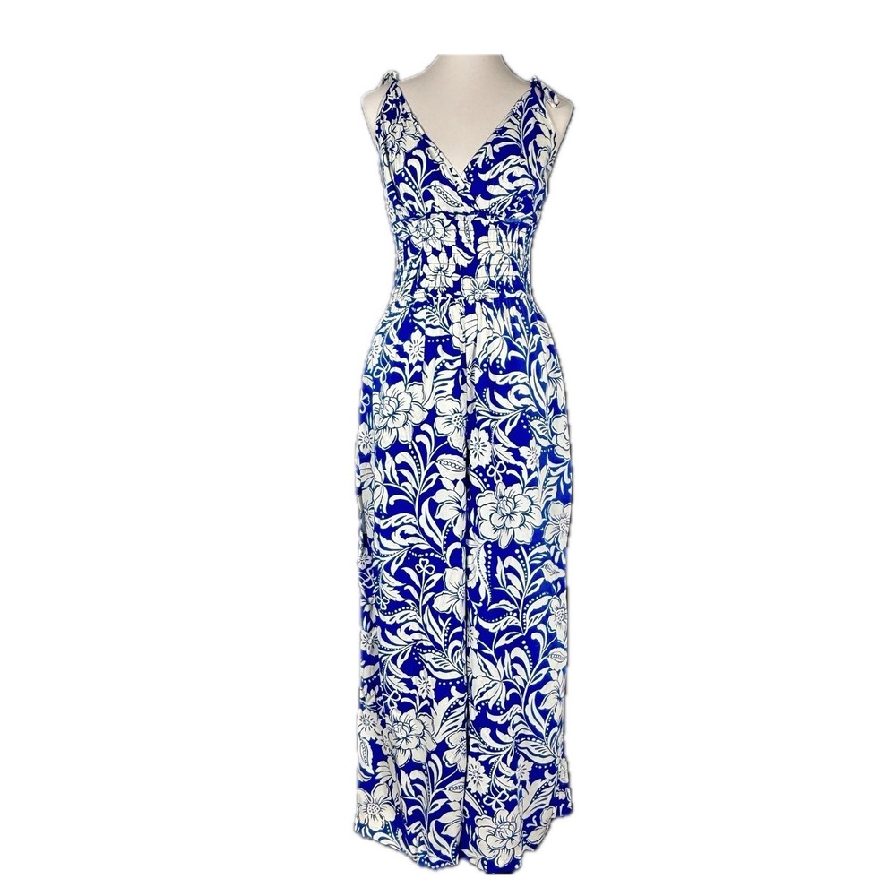 Patrons of Peace Arcadia Jumpsuit XL Blue White Tropical Floral Smocked Wide Leg
